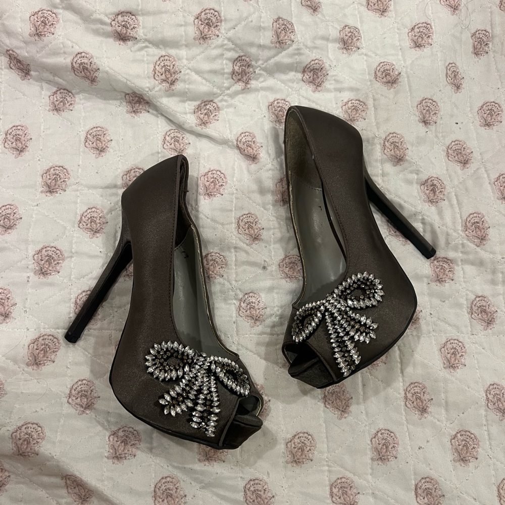 Charcoal Peep-Toe Heels with Crystal Embellishments